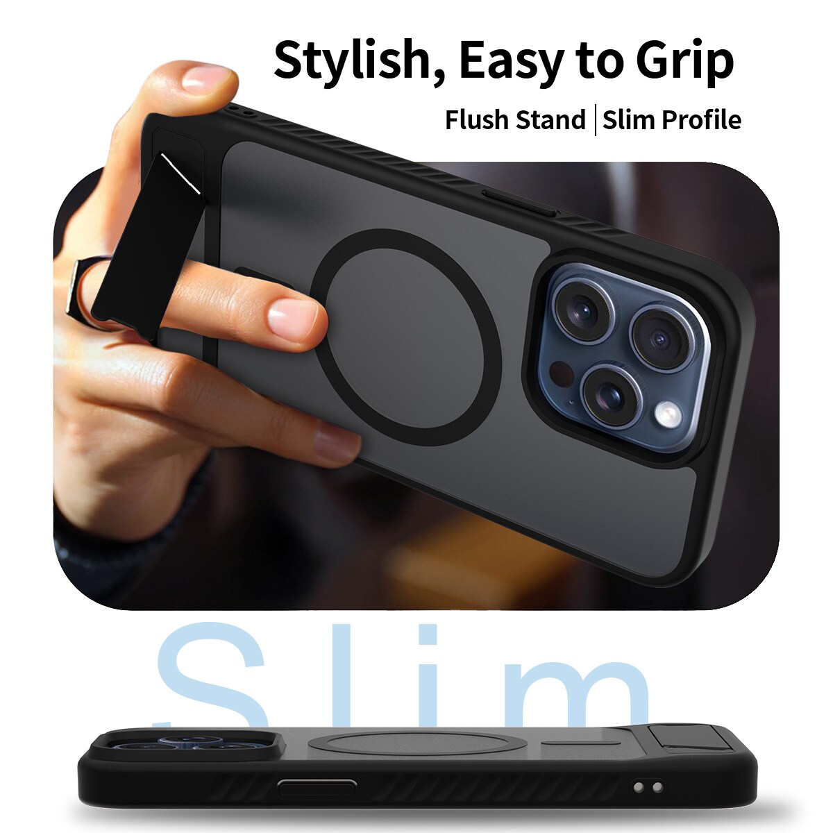 iPhone 15 Pro Max Magnetisk hybridcover med indbygget stativ , Sort