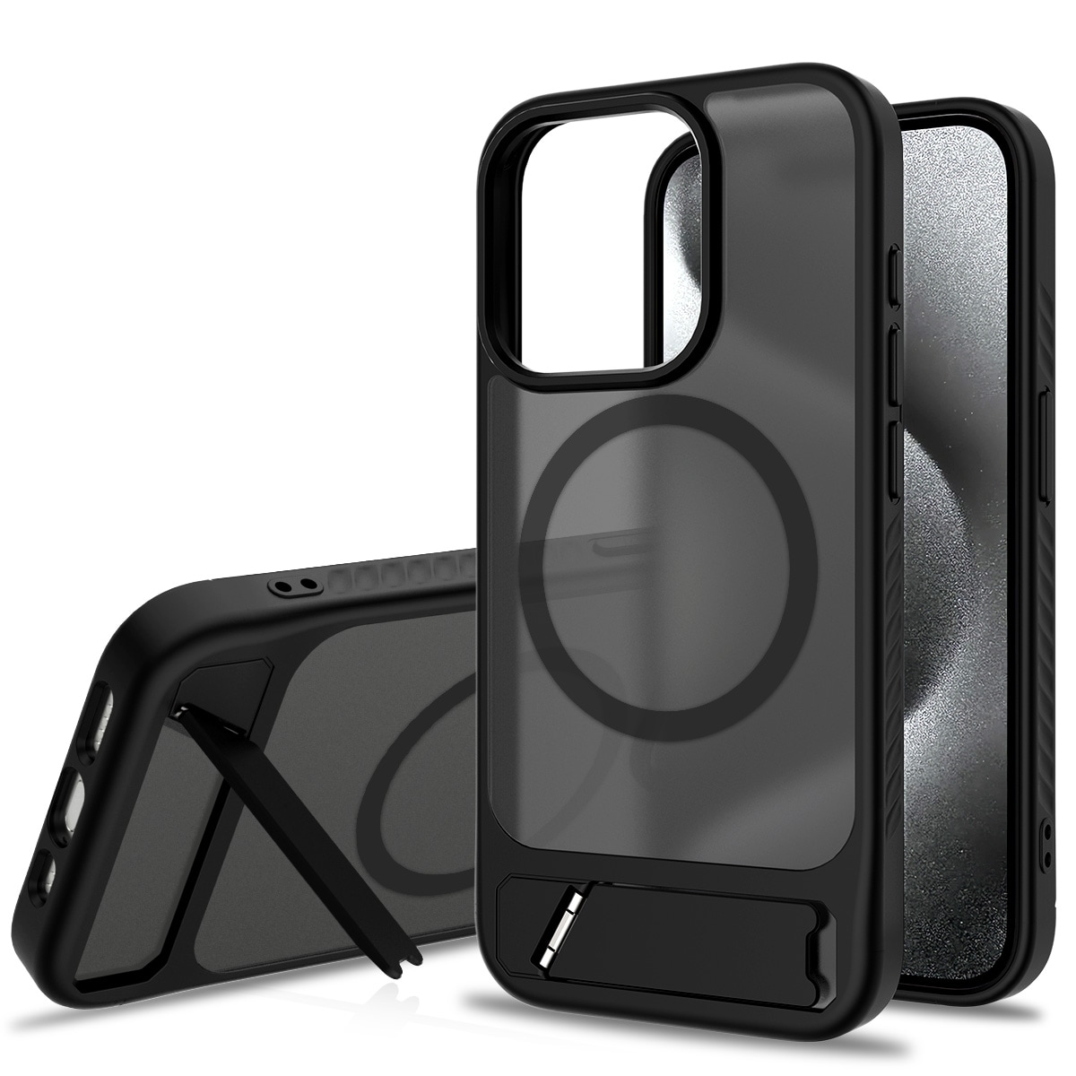iPhone 15 Pro Magnetisk hybridcover med indbygget stativ , Sort