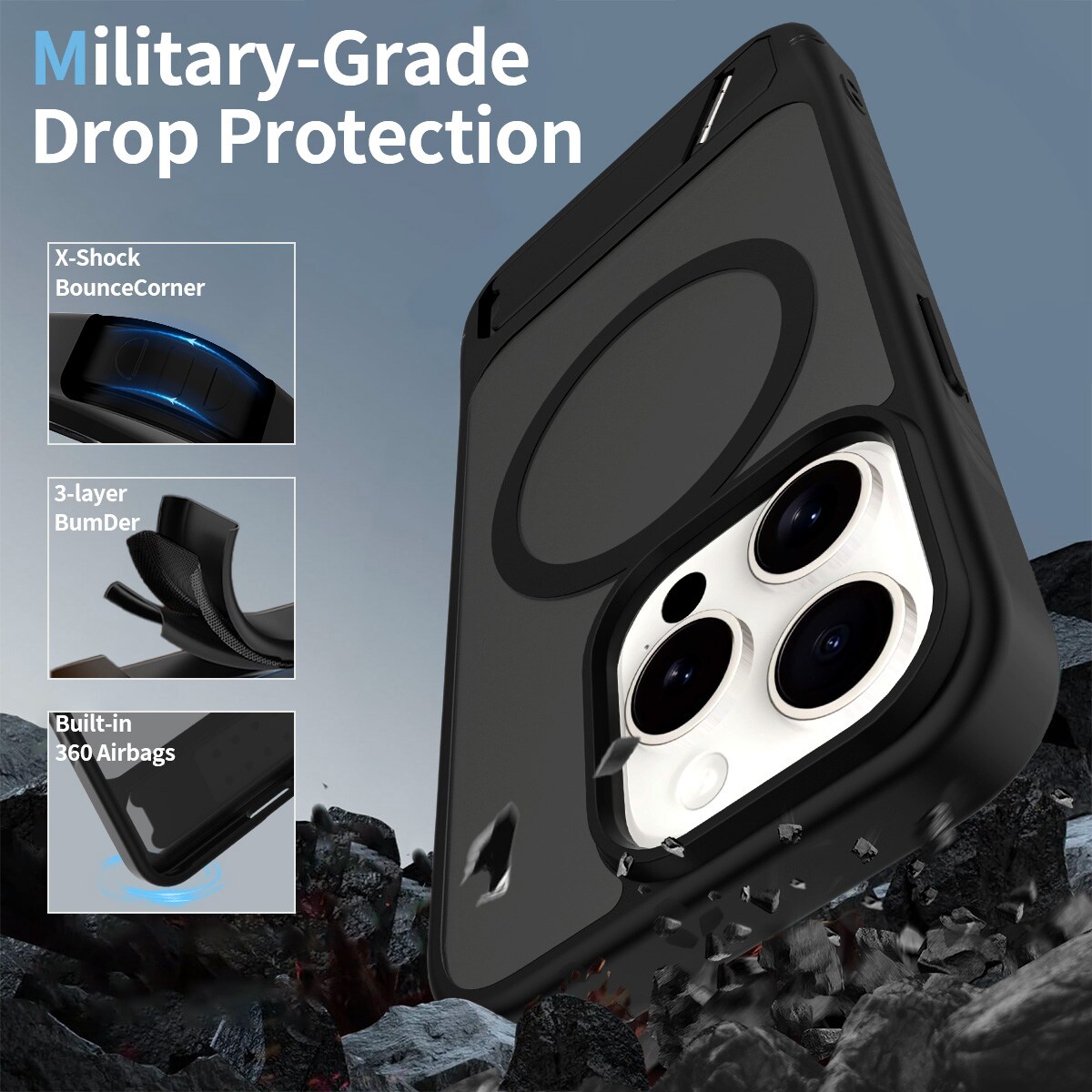 iPhone 15 Pro Magnetisk hybridcover med indbygget stativ , Sort
