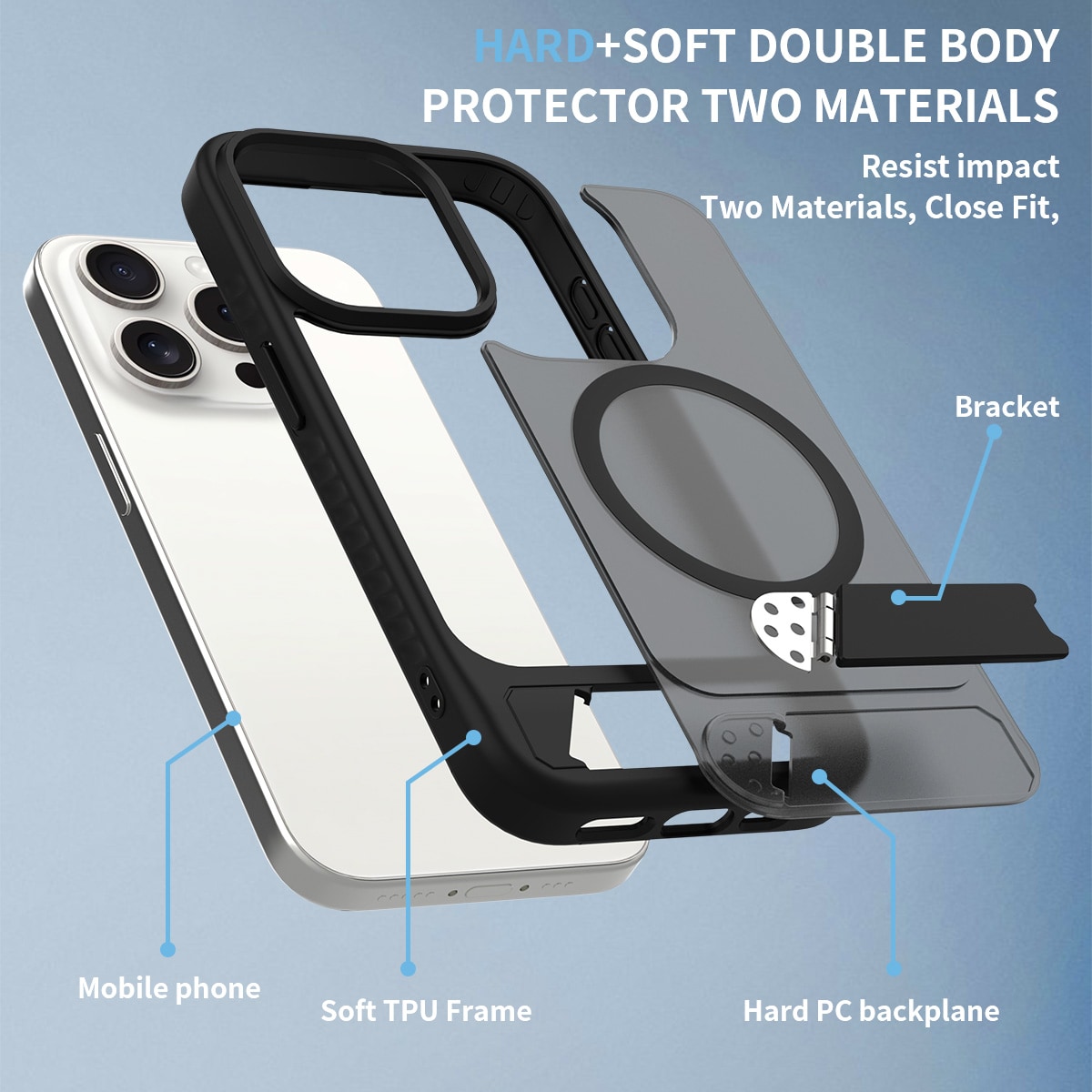 iPhone 15 Pro Magnetisk hybridcover med indbygget stativ , Sort