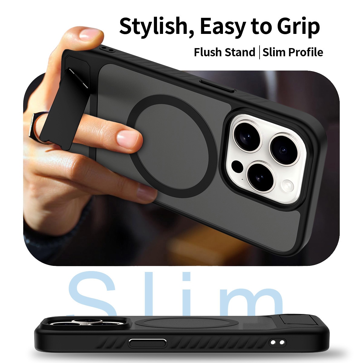 iPhone 15 Pro Magnetisk hybridcover med indbygget stativ , Sort