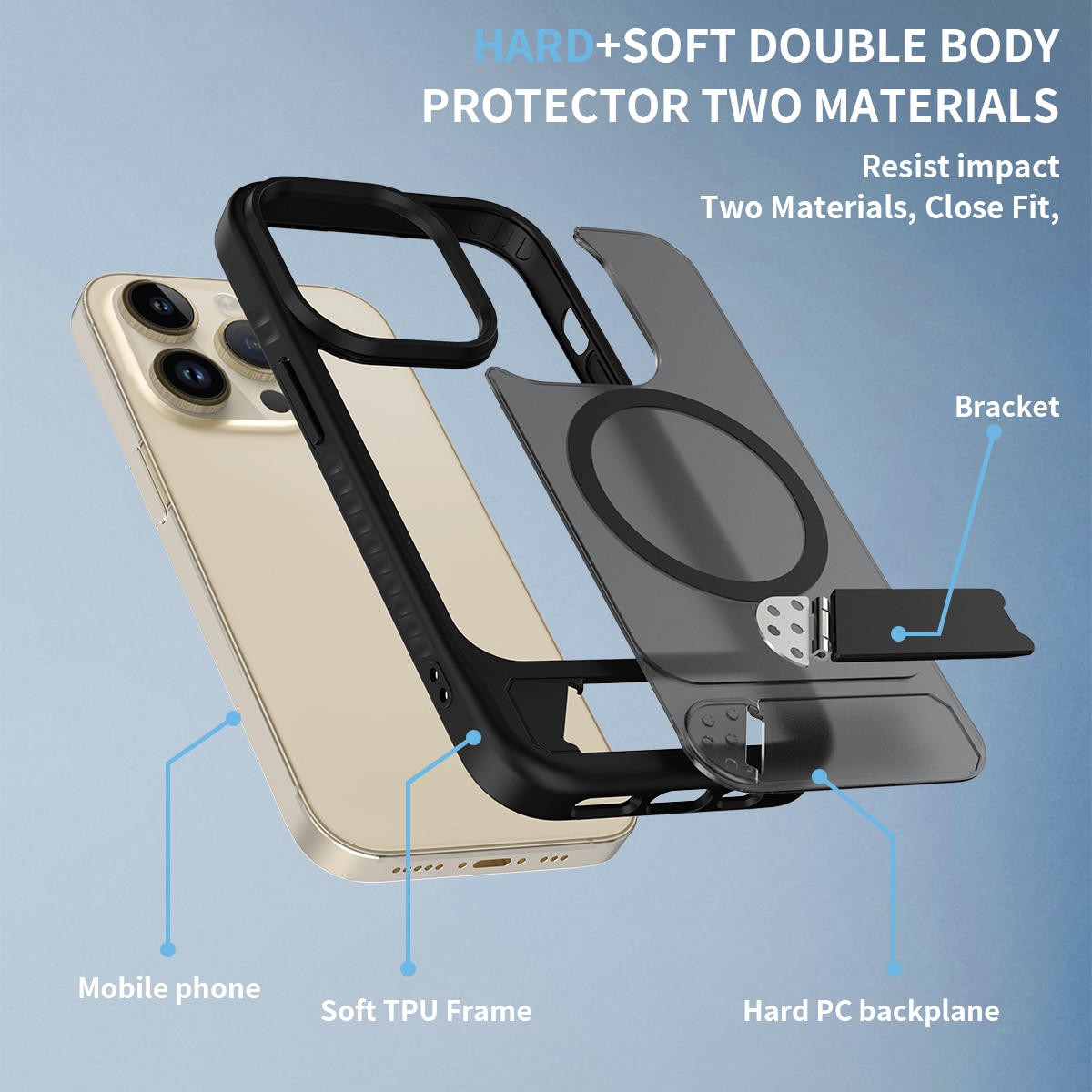 iPhone 14 Pro Magnetisk hybridcover med indbygget stativ , Sort