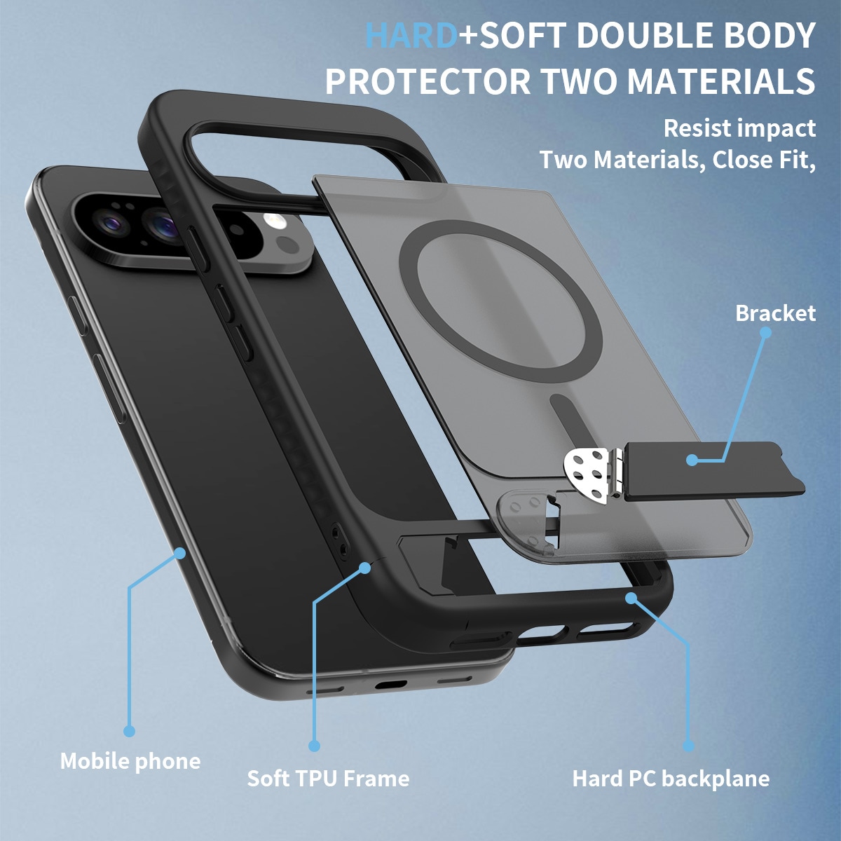 Google Pixel 9 Pro XL Magnetisk hybridcover med indbygget stativ , Sort