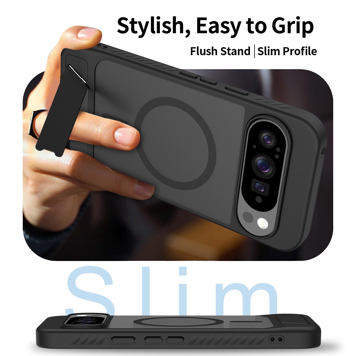 Google Pixel 9 Pro XL Magnetisk hybridcover med indbygget stativ , Sort