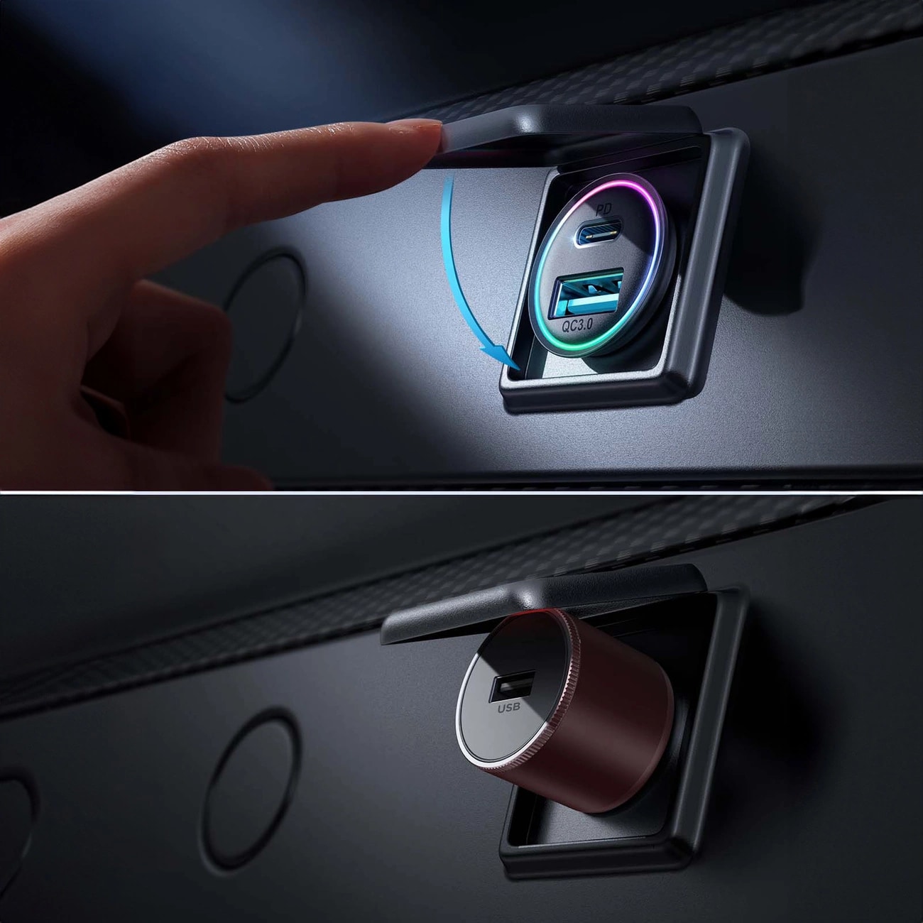 Mini biloplader med USB-C + USB-A port 60W, Sort