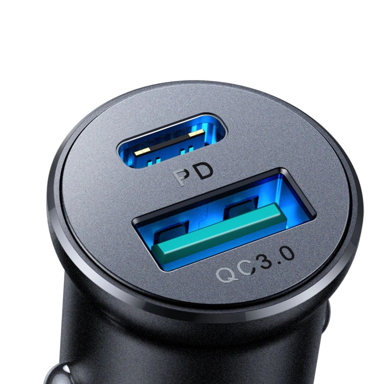 Mini biloplader med USB-C + USB-A port 30W, Sort
