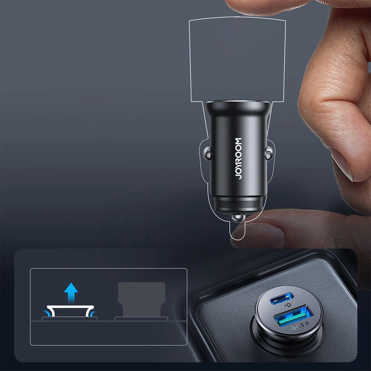Mini biloplader med USB-C + USB-A port 30W, Sort
