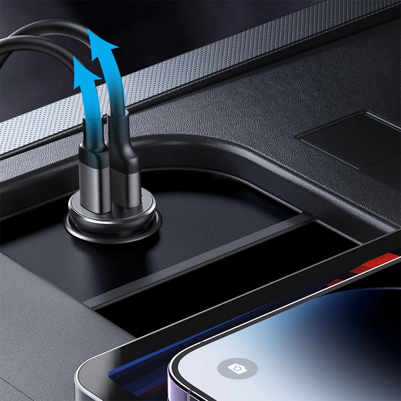 Mini biloplader med USB-C + USB-A port 30W, Sort