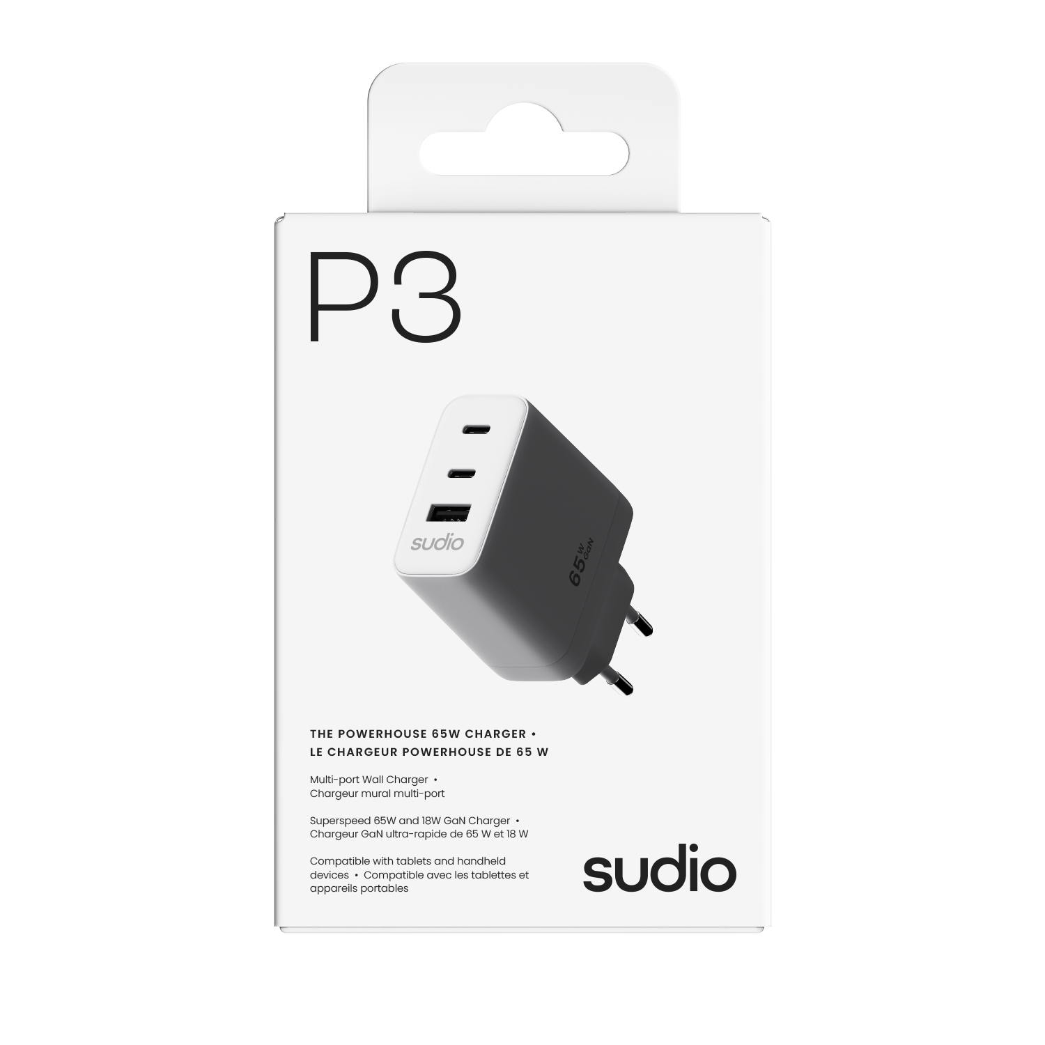 P3 2 x USB-C + USB-A Vægoplader 65W, Hvid