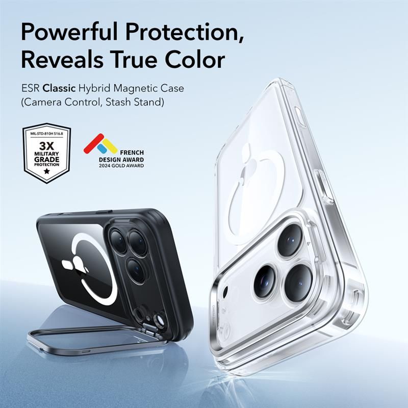 iPhone 17 Pro Max Classic hybridcover med MagSafe og kickstand, Sort/gennemsigtig