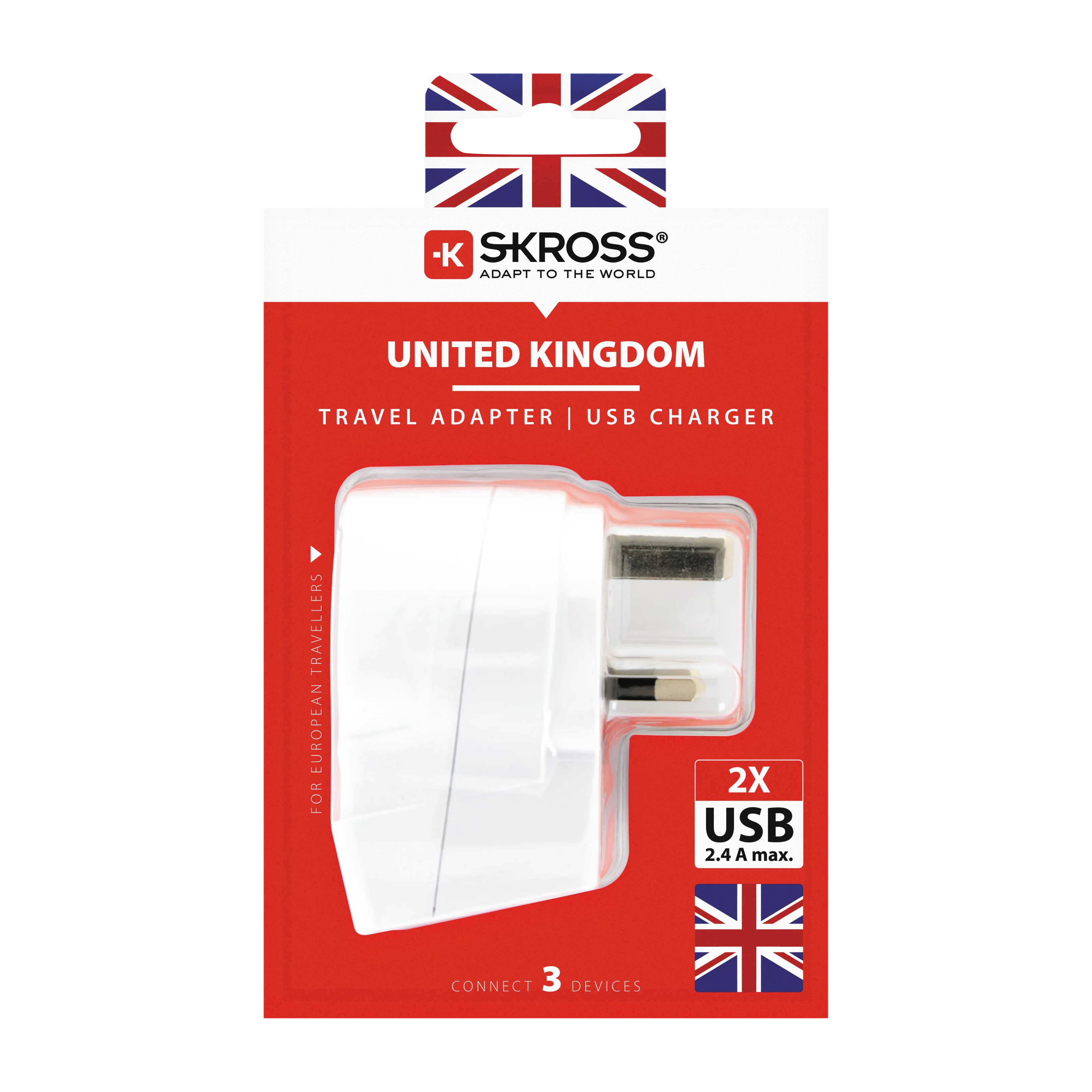 Rejseadapter Europa til Storbritannien med 2 USB-A-porte