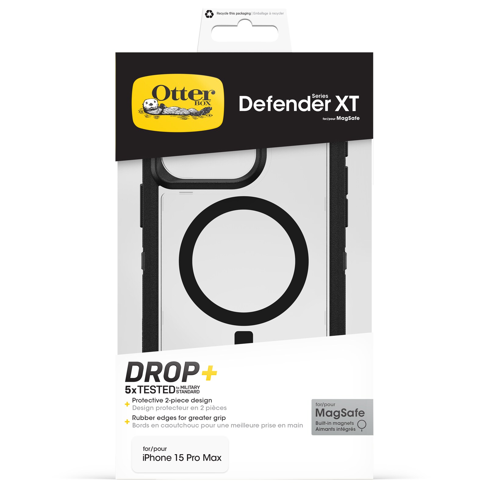 iPhone 15 Pro Max Defender XT Ekstremt stødafvisende MagSafe-cover, Sort/gennemsigtig