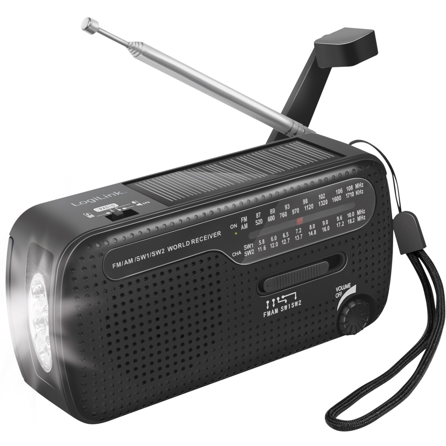 Bærbar håndsvingradio med lommelygte og solcelleopladning, 