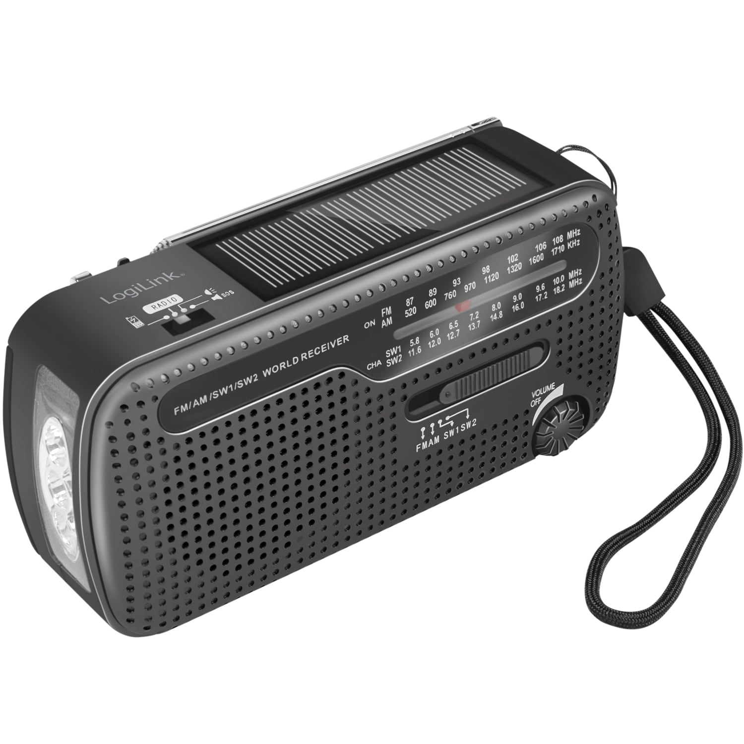 Bærbar håndsvingradio med lommelygte og solcelleopladning, 