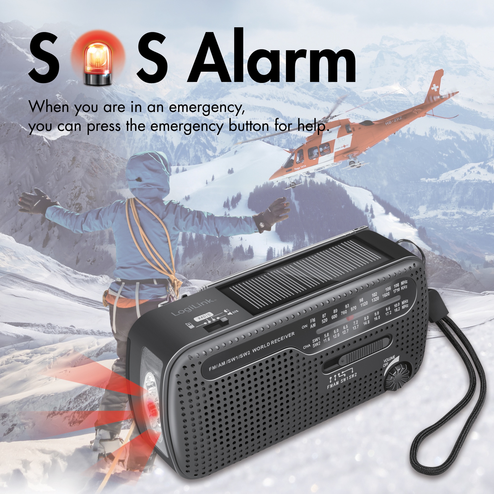 Bærbar håndsvingradio med lommelygte og solcelleopladning, 