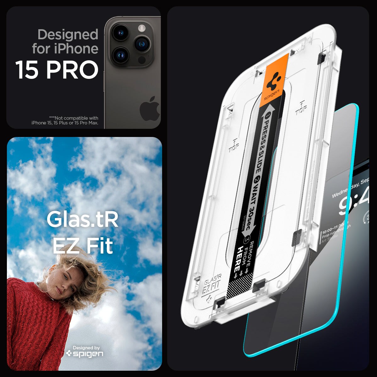 iPhone 15 Pro Skærmbeskytter med installationsramme (2-pak) GLAS.tR EZ Fit