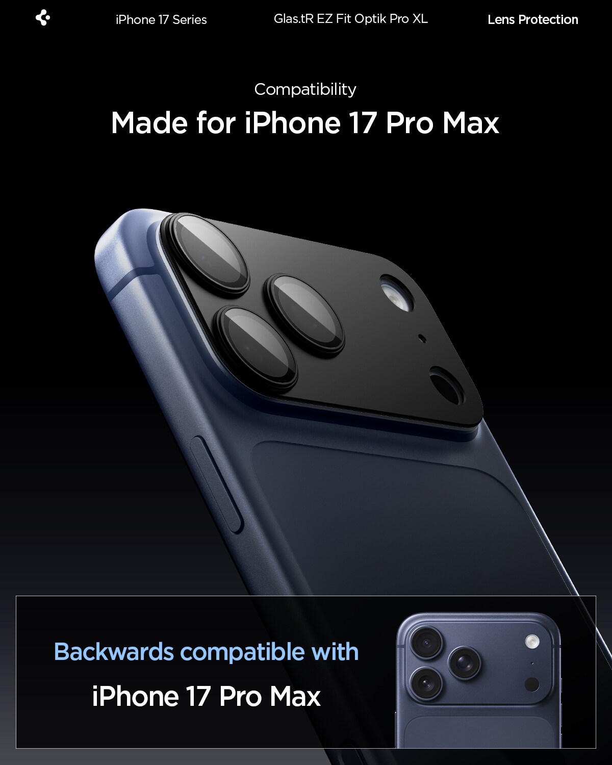 iPhone 17 Pro Max EZ Fit Kamerabeskyttelse - Optic Pro XL, Sort