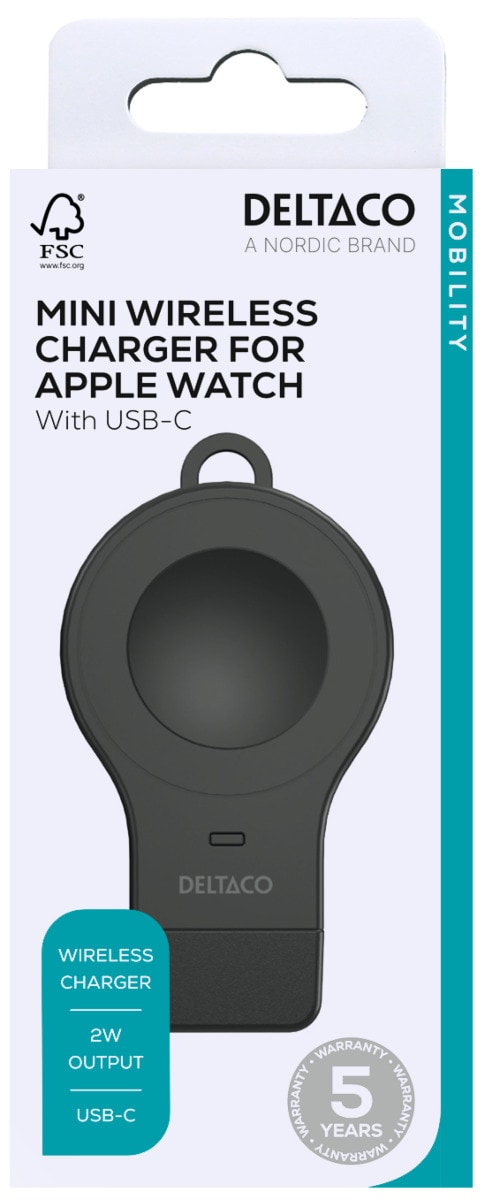 Lille Apple Watch-oplader USB-C 2W, Sort