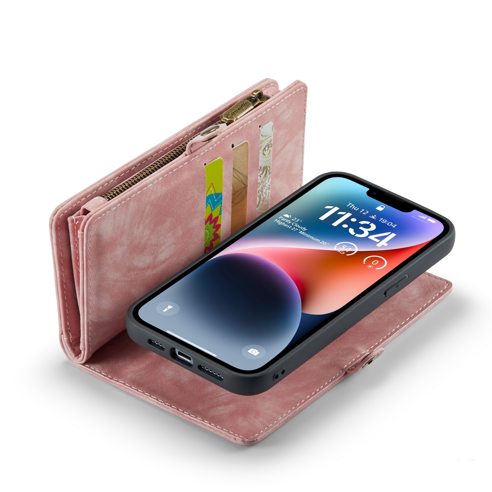 iPhone 14 Rummeligt pungetui med mange kortholdere, Lyserød