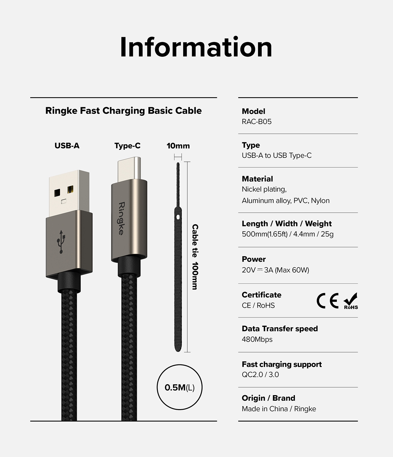 Hurtigopladningskabel USB-A til USB-C 0,5m, Sort