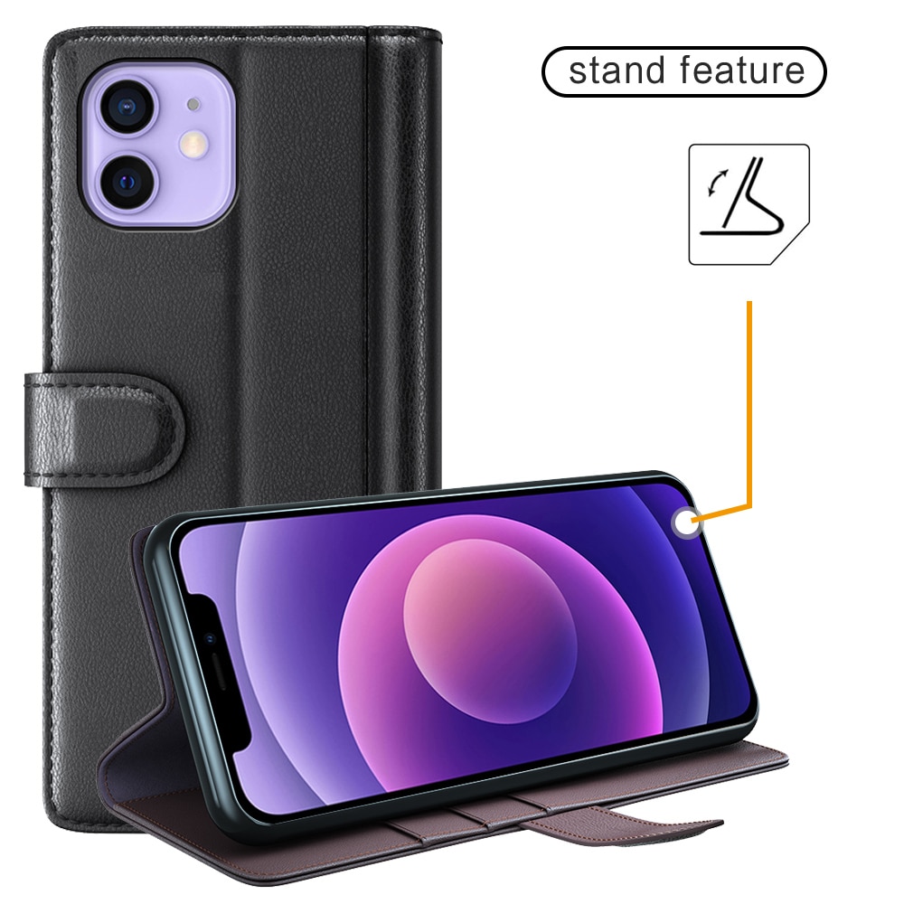 iPhone 12/iPhone 12 Pro Slankt mobiletui i ægte læder, Sort