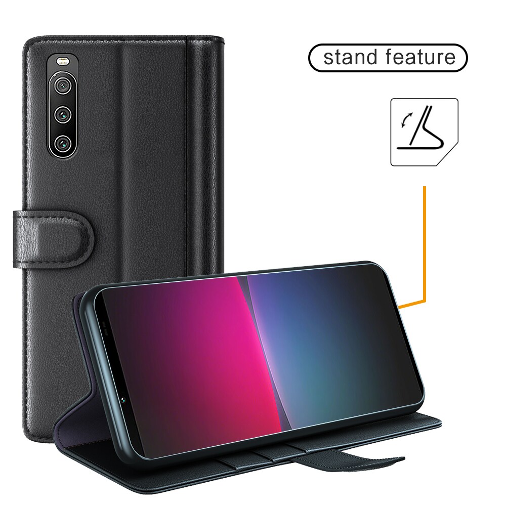 Sony Xperia 10 IV Slankt mobiletui i ægte læder, Sort