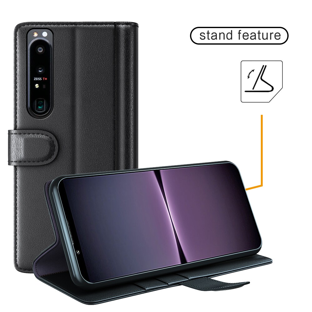 Sony Xperia 1 IV Slankt mobiletui i ægte læder, Sort