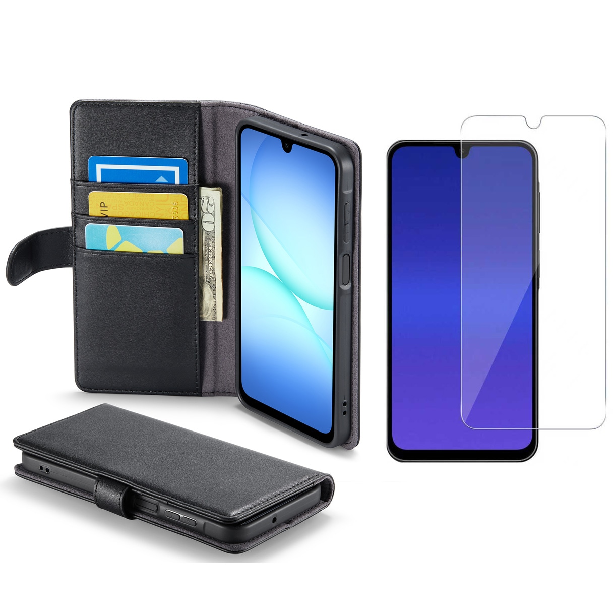 Samsung Galaxy A17 Læderetui + Skærmbeskyttelse hærdet glas Sort
