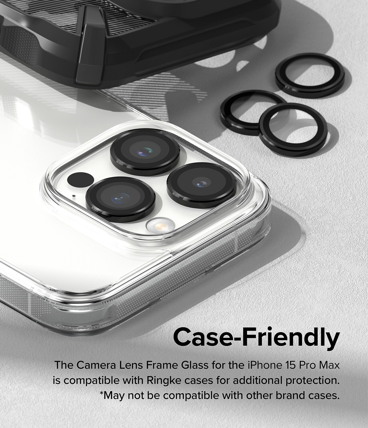 iPhone 15 Pro Max Linsebeskyttelse med aluminiumramme, Sort