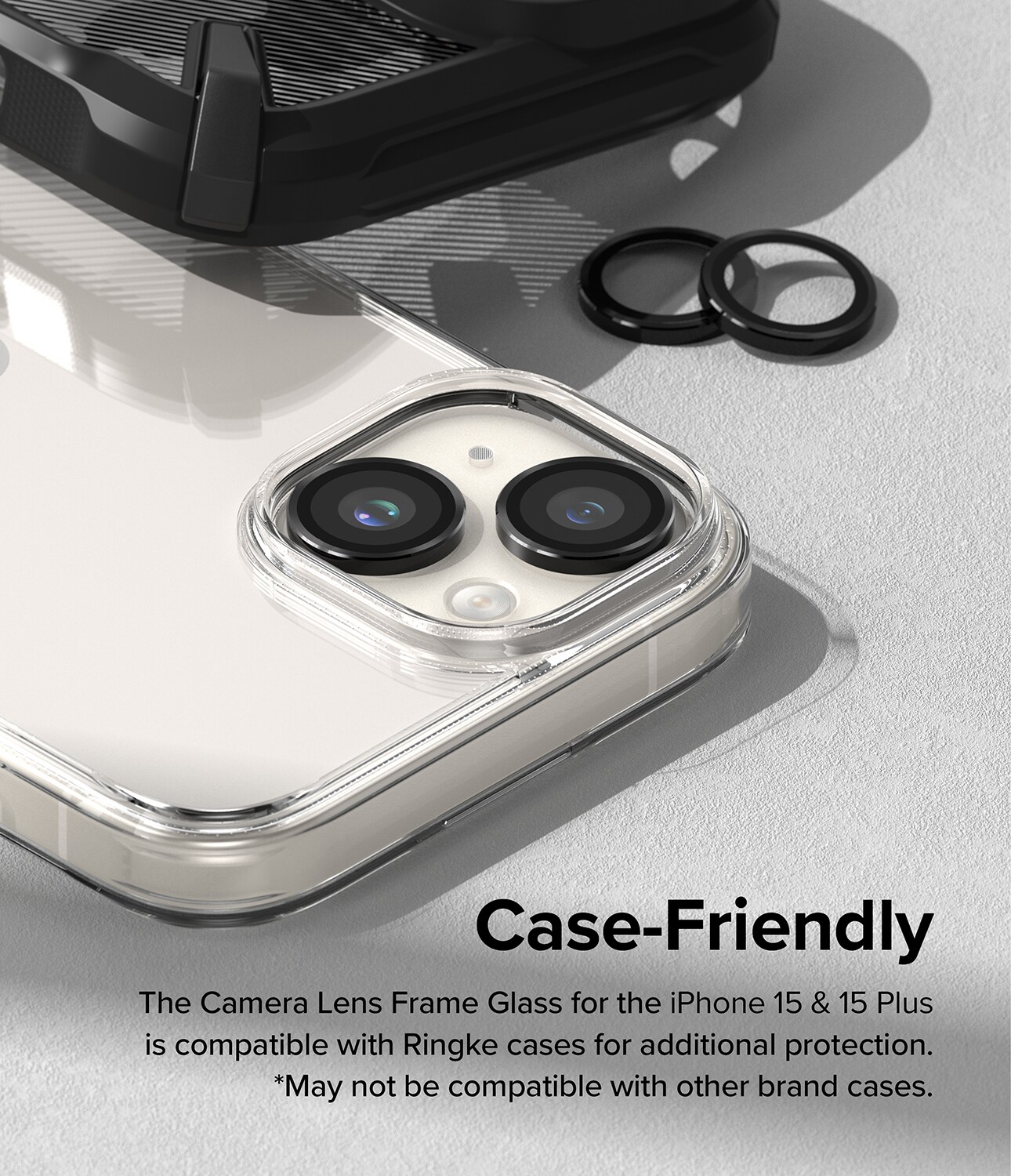 iPhone 15 Plus Linsebeskyttelse med aluminiumramme, Sort