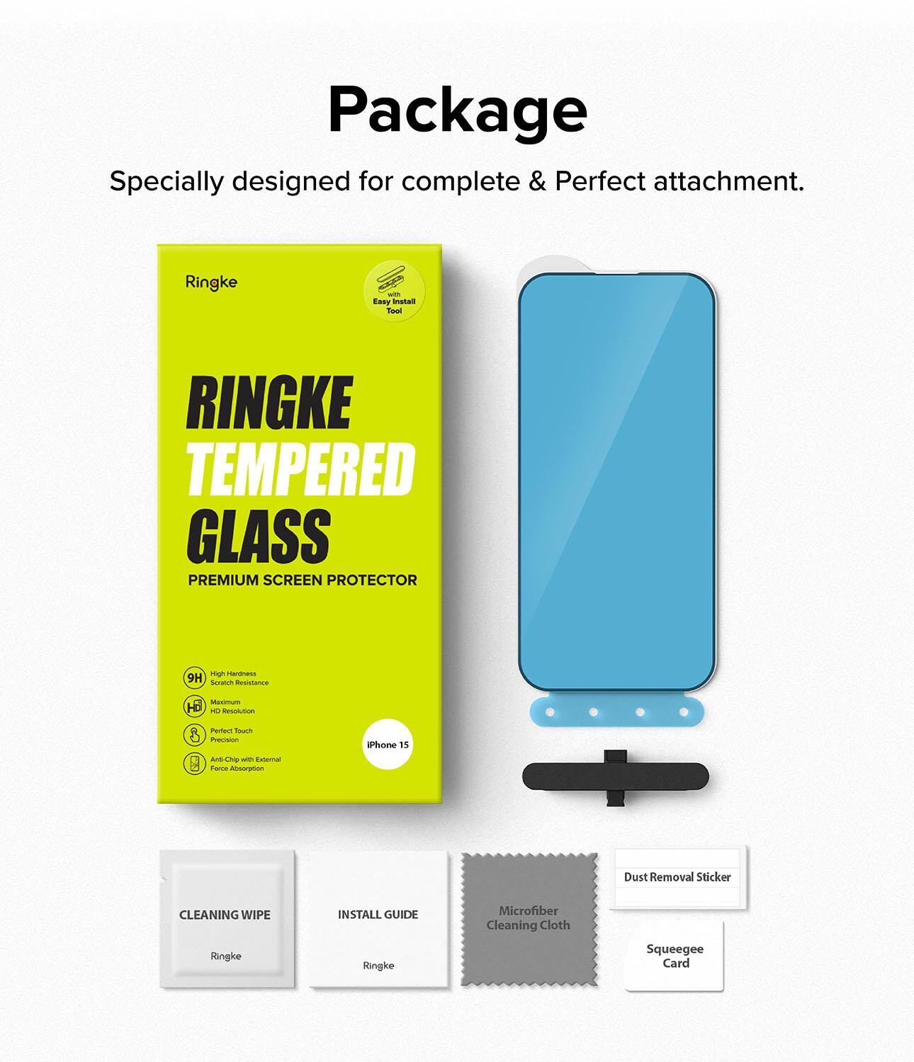iPhone 15 Skærmbeskytter i glas med monteringsværktøj