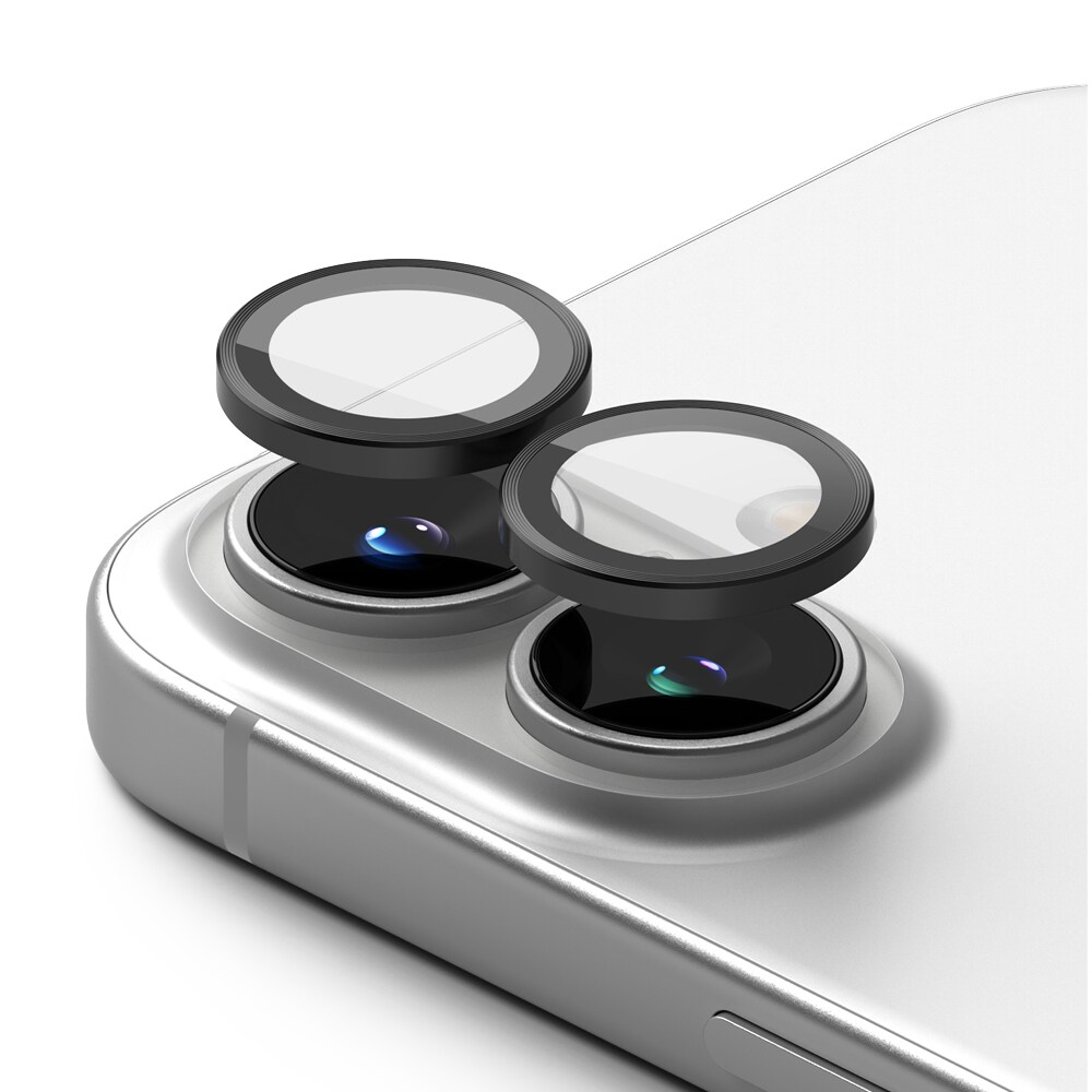 iPhone 16 Plus 2-pak linsebeskyttere med aluminiumsramme, Sort