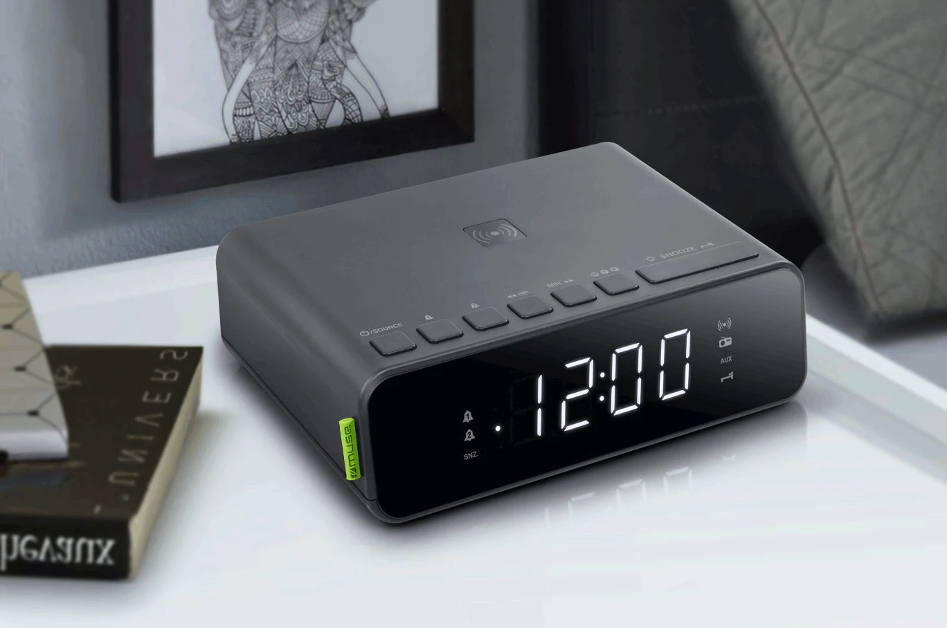 Clockradio FM med trådløs opladning, sort
