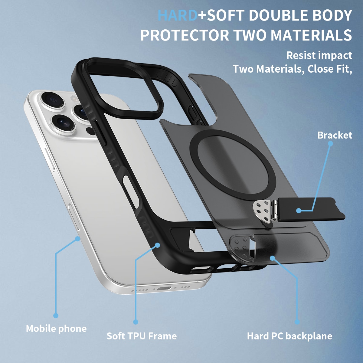 iPhone 16 Pro Magnetisk hybridcover med indbygget stativ , Sort