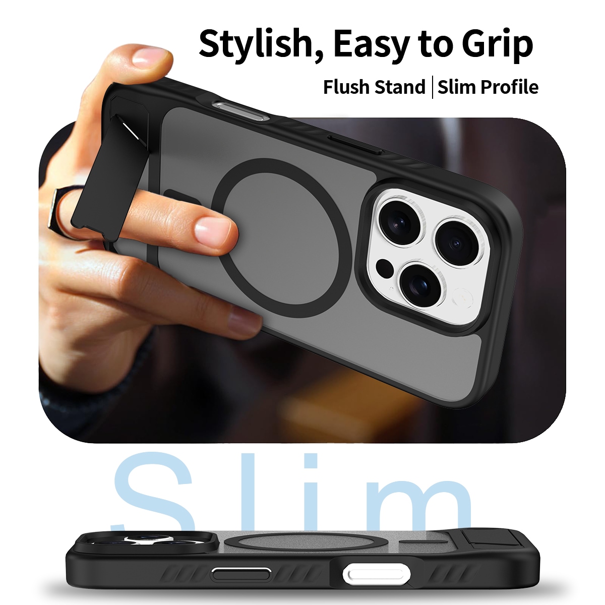 iPhone 16 Pro Magnetisk hybridcover med indbygget stativ , Sort