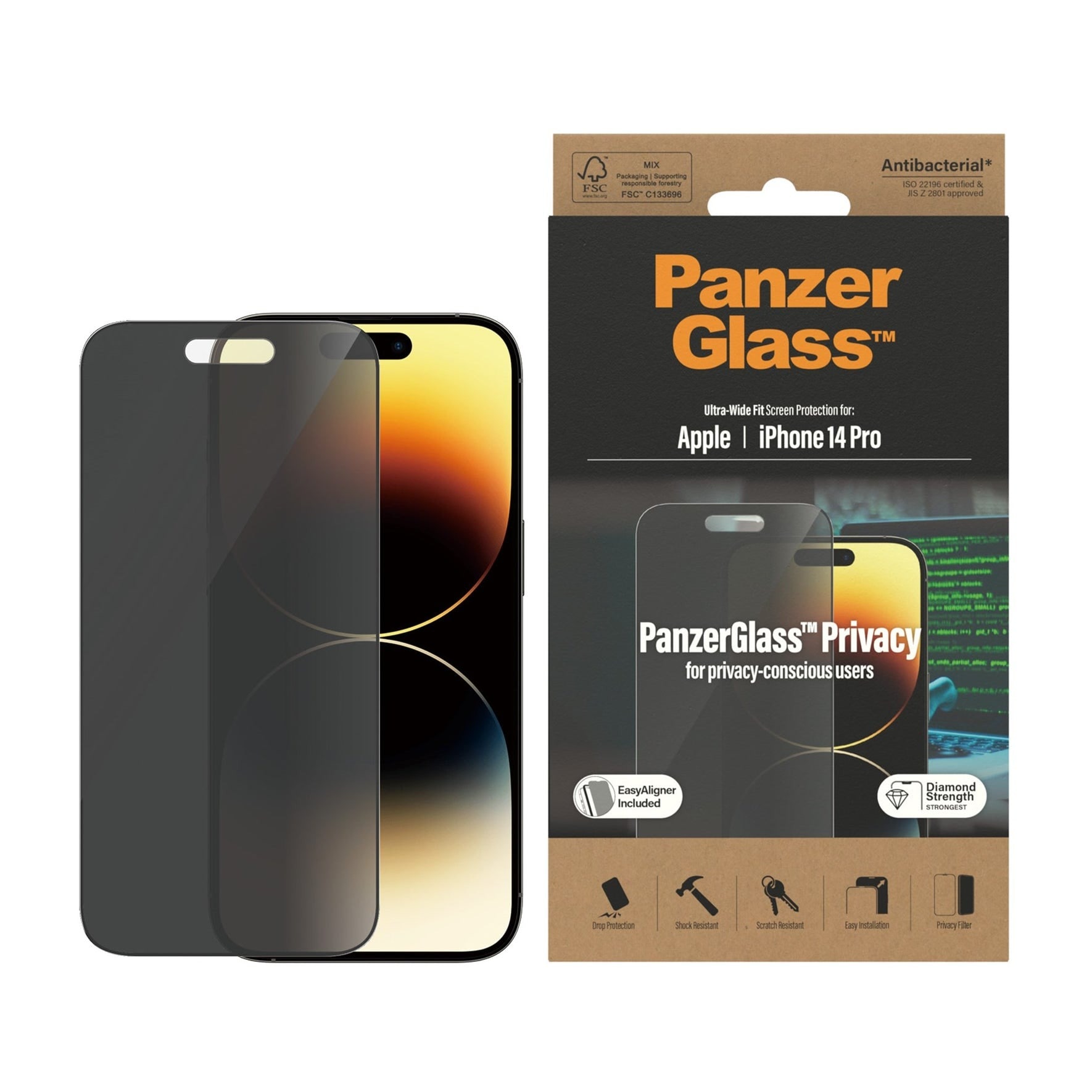 iPhone 14 Pro Privacy skærmbeskytter med installationsramme - Ultra Wide Fit