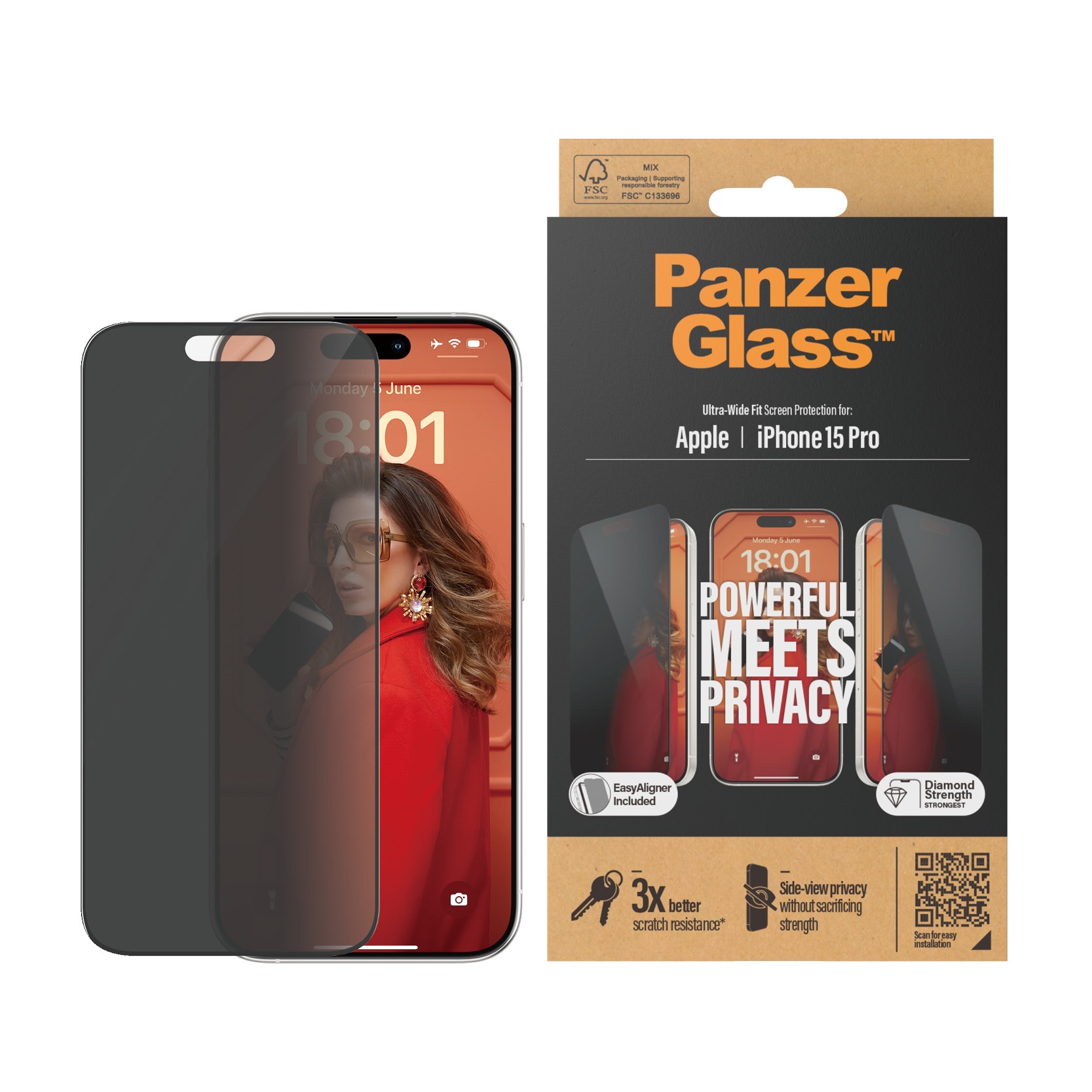 iPhone 15 Pro Privacy skærmbeskytter med installationsramme - Ultra Wide Fit