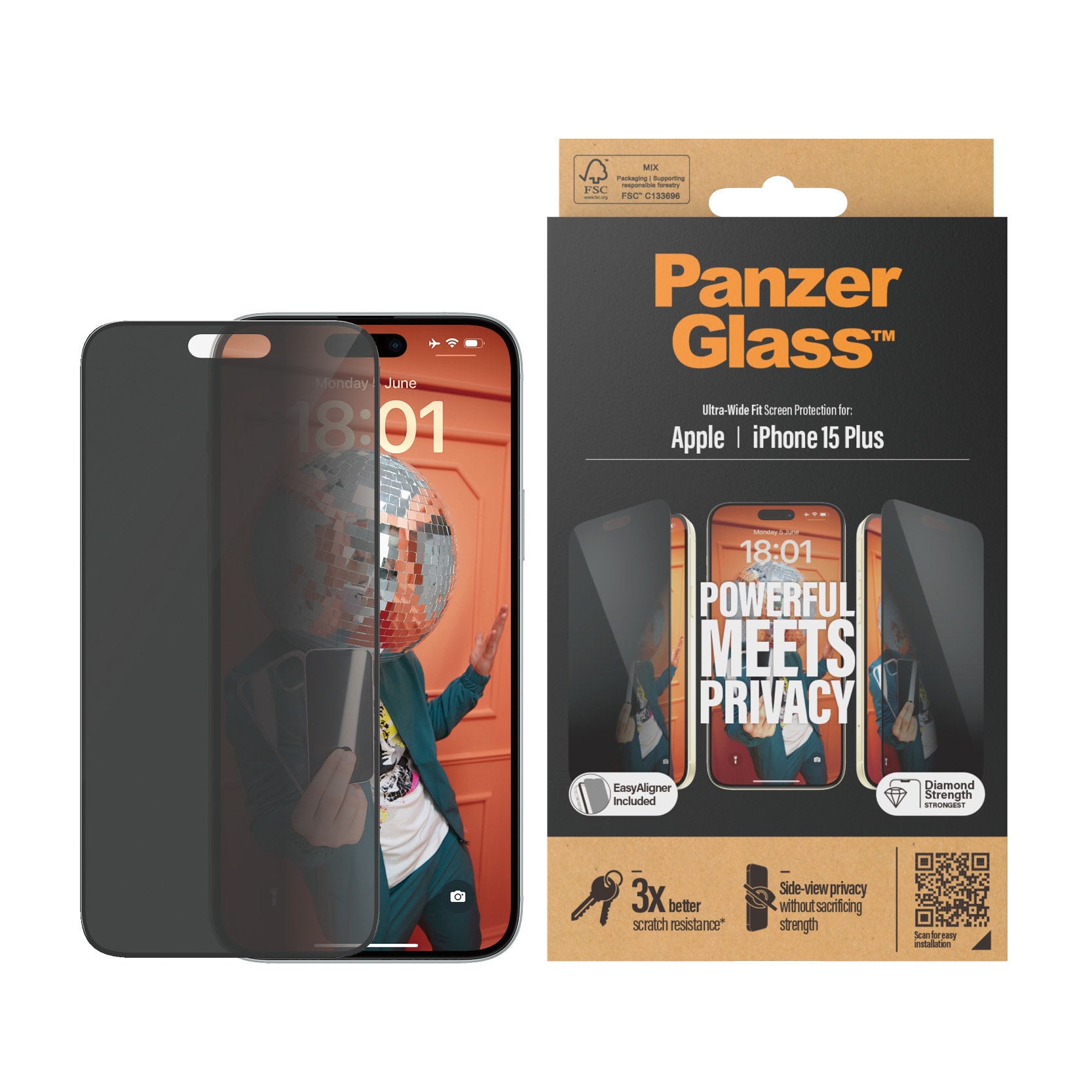 iPhone 15 Plus Privacy skærmbeskytter med installationsramme - Ultra Wide Fit