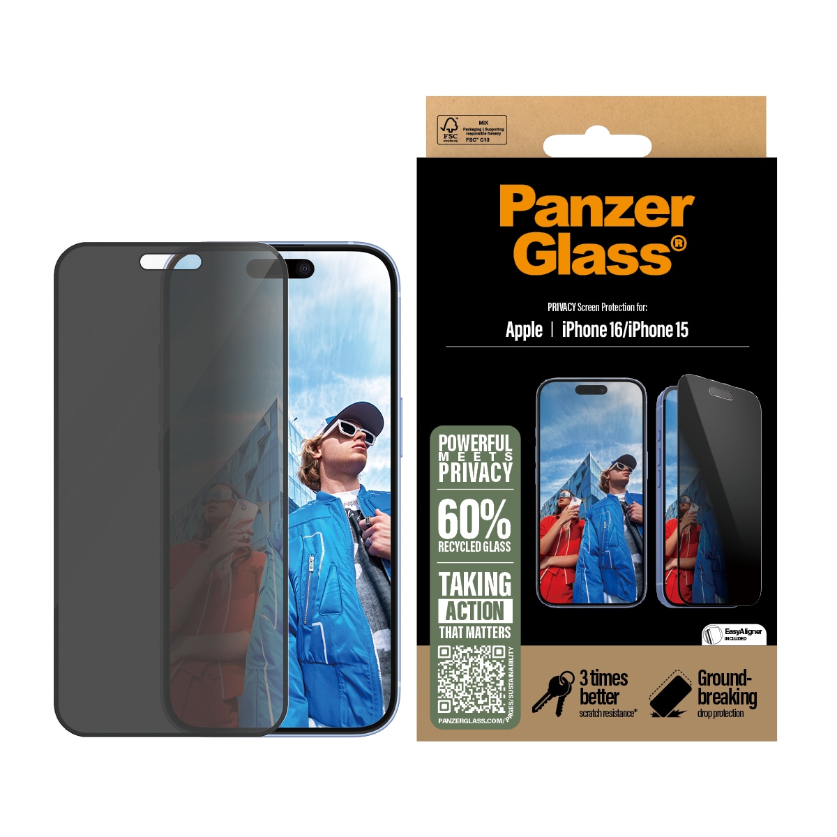 iPhone 16 Privacy skærmbeskytter med installationsramme - Ultra Wide Fit