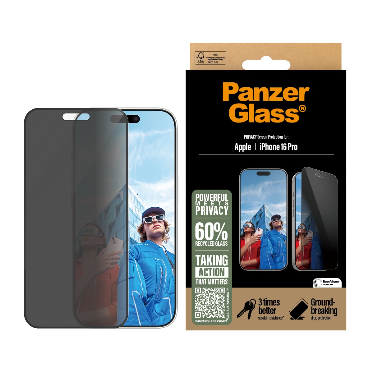 iPhone 16 Pro Privacy skærmbeskytter med installationsramme - Ultra Wide Fit