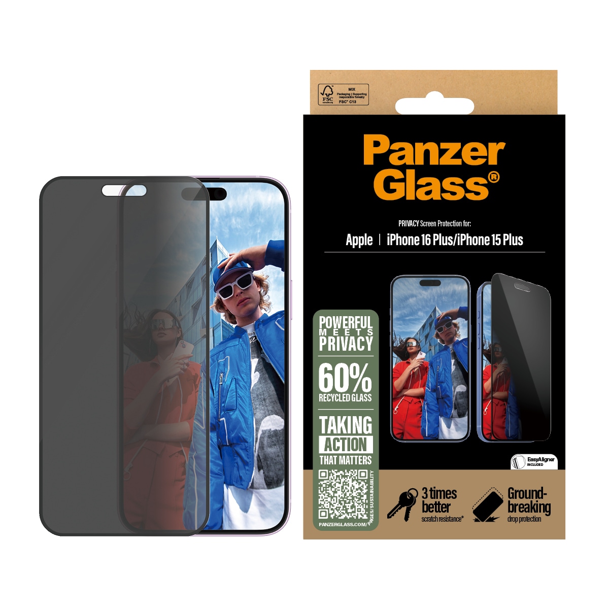 iPhone 16 Plus Privacy skærmbeskytter med installationsramme - Ultra Wide Fit