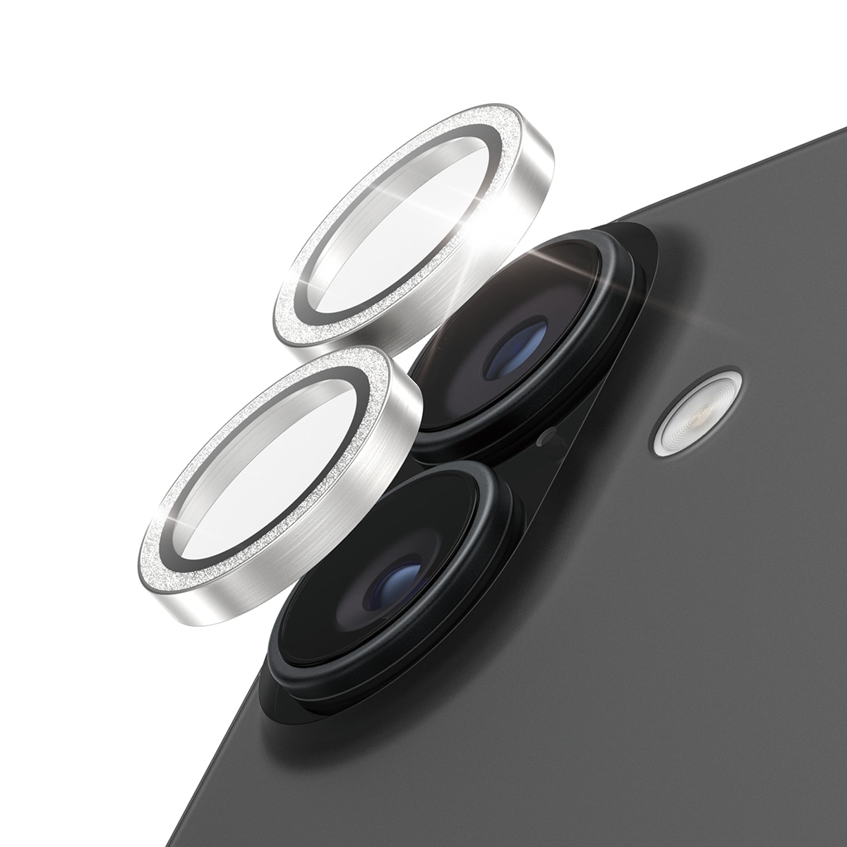 iPhone 17 Hoops linsebeskyttelse med aluminiumramme, Glitter Silver