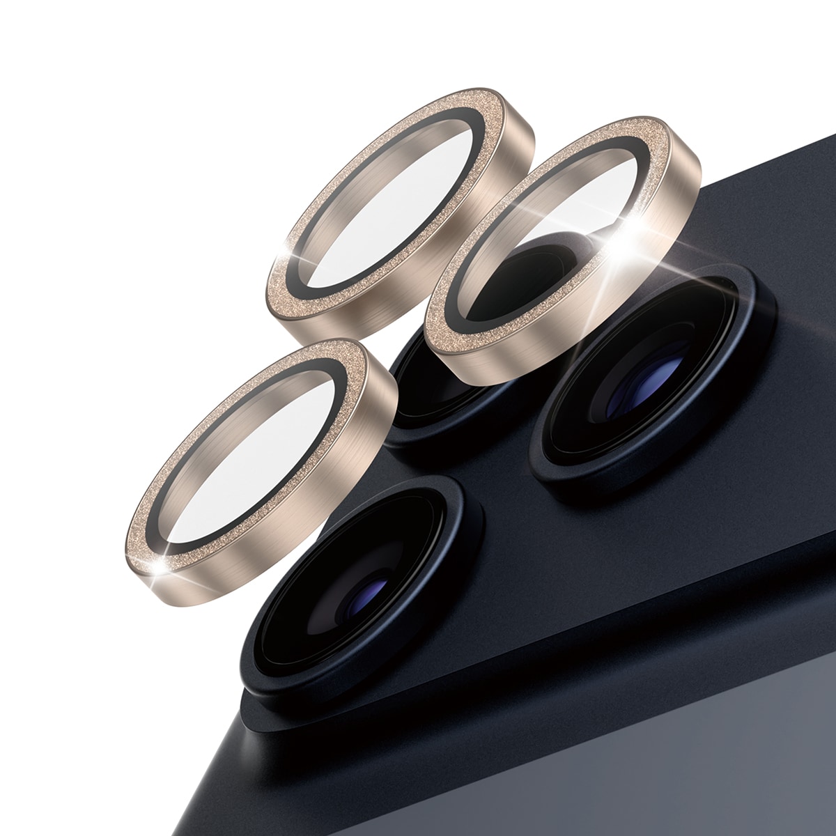iPhone 17 Pro Max Hoops linsebeskyttelse med aluminiumramme, Glitter Gold
