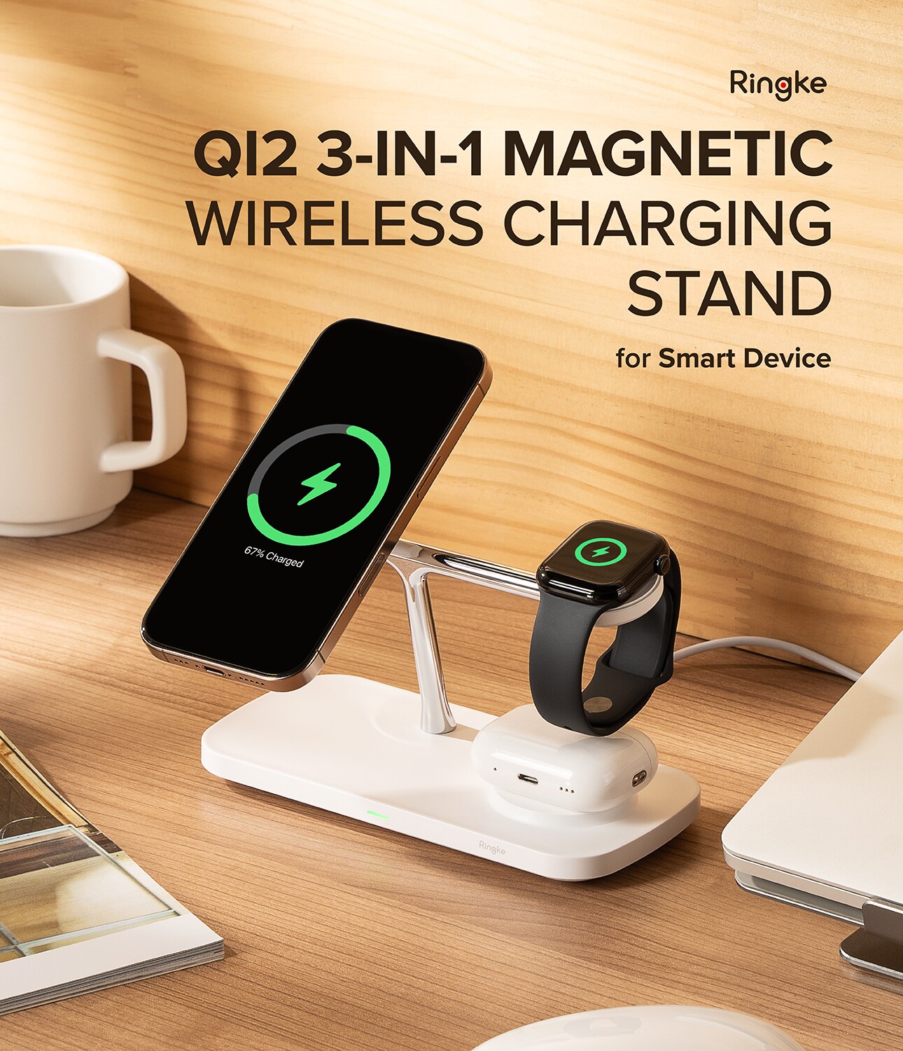 Qi2 MagSafe 3-i-1 opladningsstation, Hvid