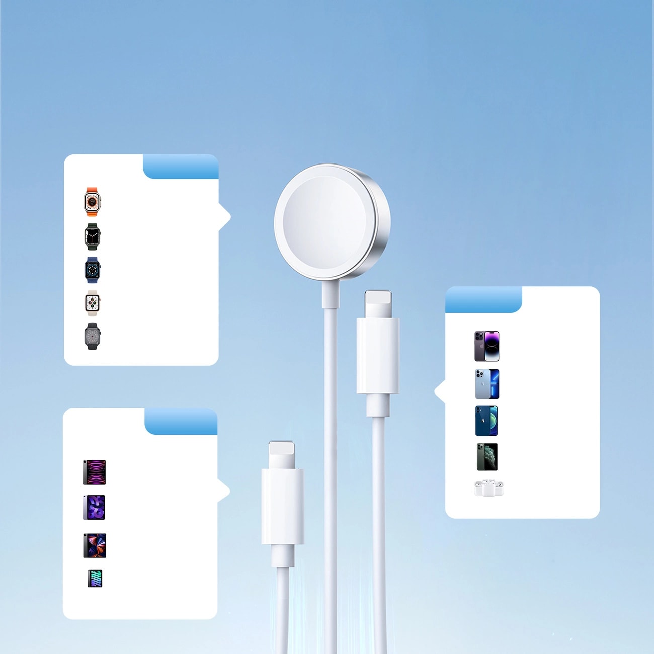 3-i-1 opladningskabel - USB-A til Lightning & Apple Watch oplader, Hvid