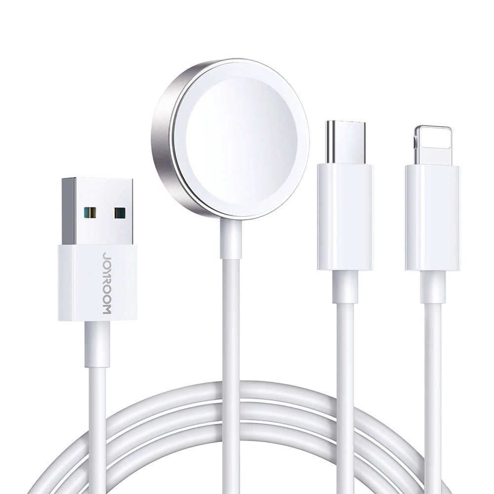 3-i-1 opladningskabel - USB-A til USB-C/Lightning & Apple Watch oplader, Hvid