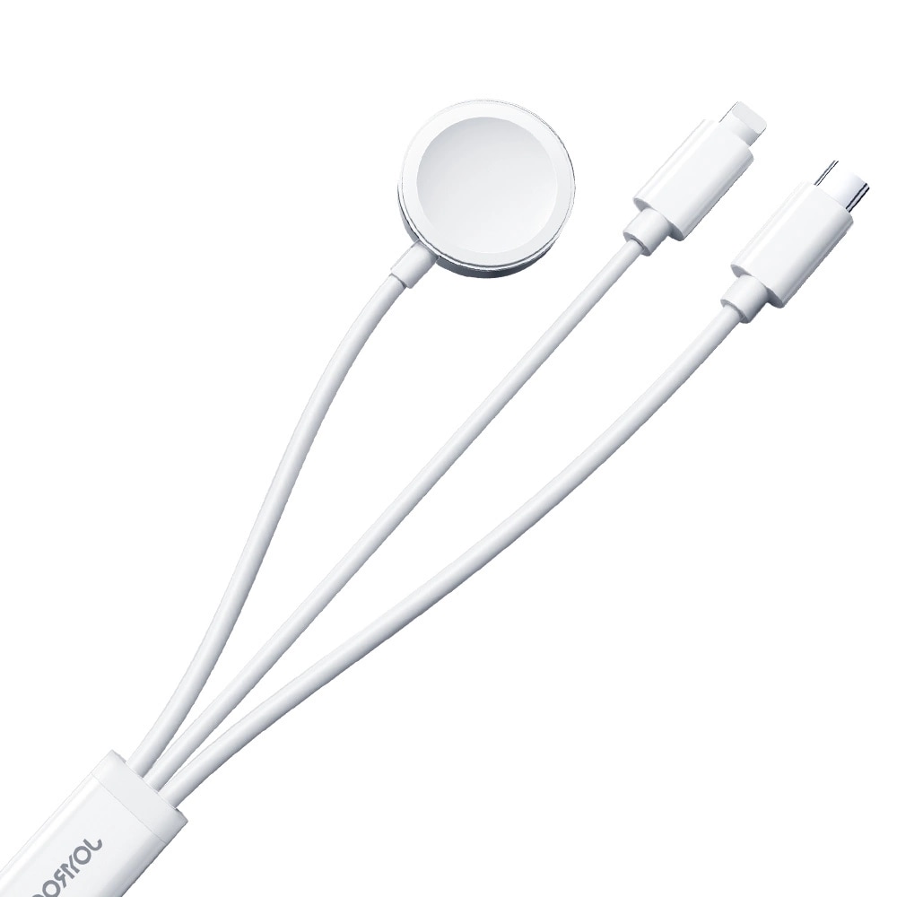 3-i-1 opladningskabel - USB-A til USB-C/Lightning & Apple Watch oplader, Hvid