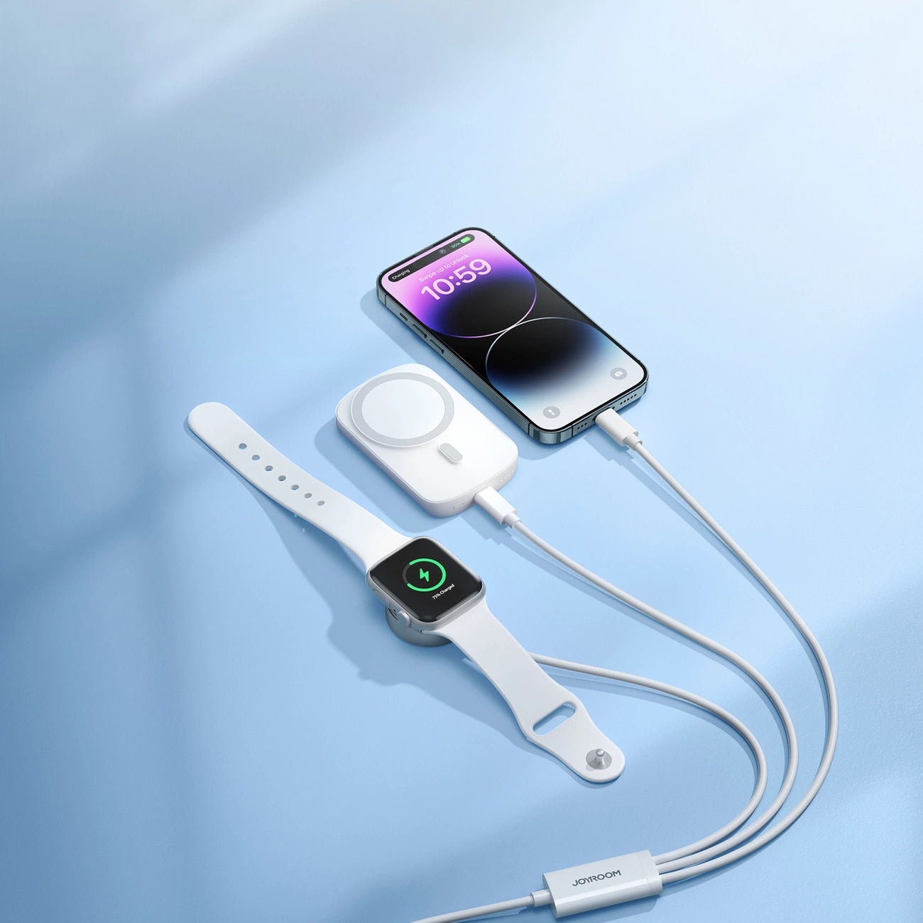 3-i-1 opladningskabel - USB-A til USB-C/Lightning & Apple Watch oplader, Hvid