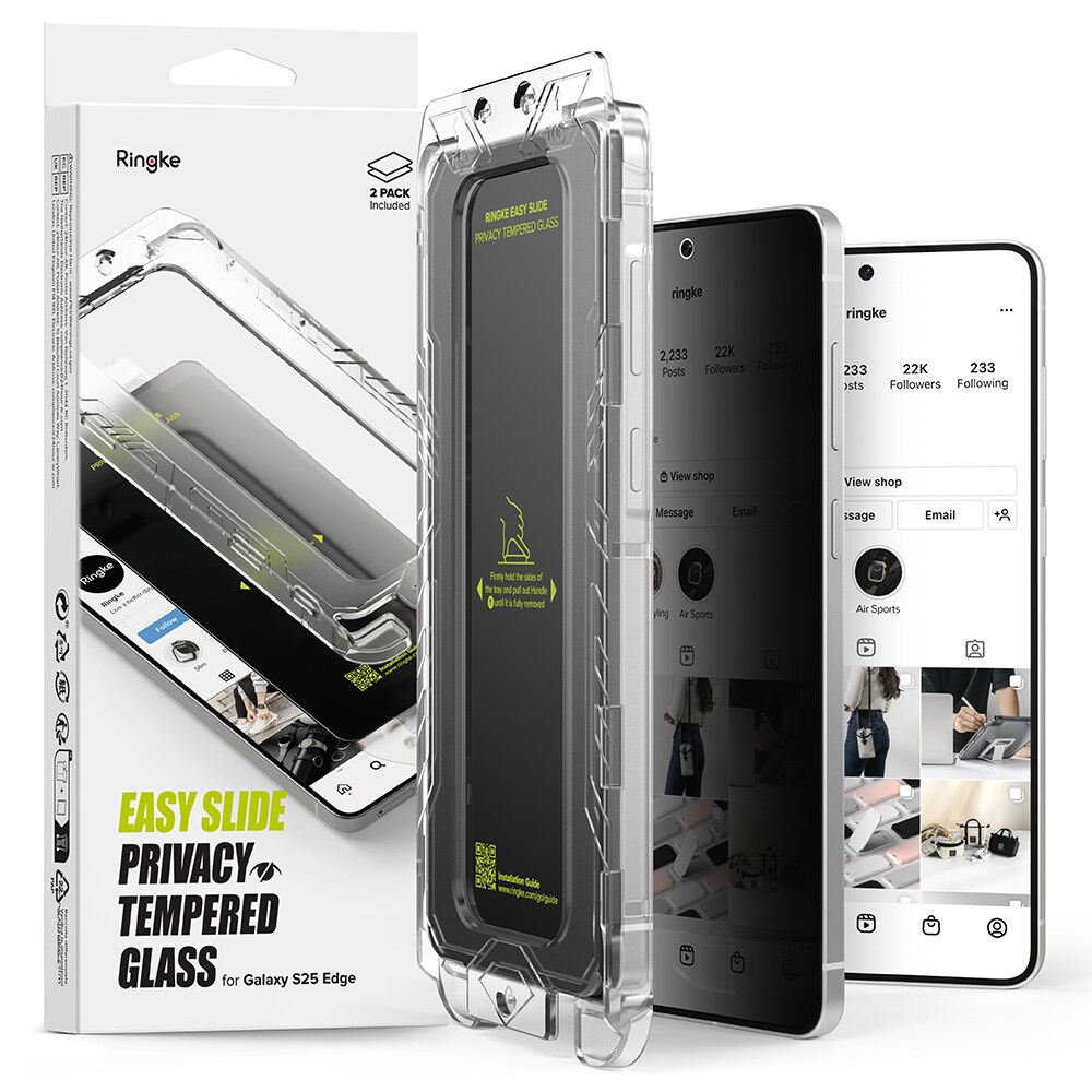Samsung Galaxy S25 Edge Anti-spy skærmbeskytter i glas med monteringsramme (2-pak)