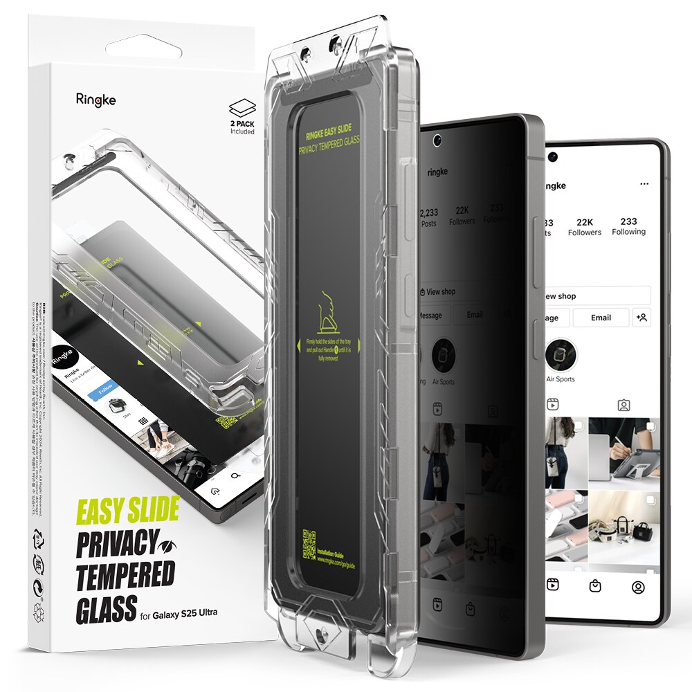 Samsung Galaxy S25 Ultra Anti-spy skærmbeskytter i glas med monteringsramme (2-pak)
